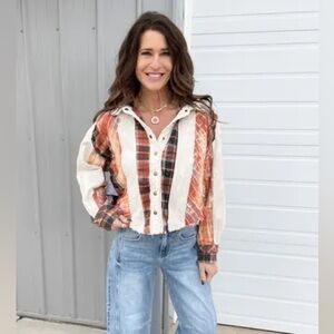 Oli & Hali Women's Distressed Flannel‎ Patchwork Snap Up Jacket Hoodie- Size XL